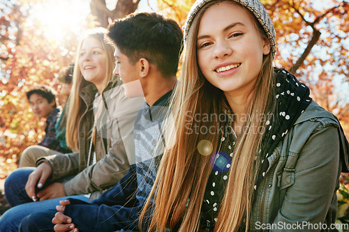 Image of Teenager, group and portrait in park, girl and diversity on holiday, nature and relax by trees. Youth culture, happy friends and gen z school kids in sunshine, woods or garden for vacation in Canada