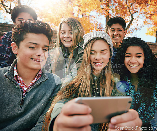 Image of Selfie, boys or girl friends in park for social media, online post or profile picture in autumn or nature. Smile, freedom or happy gen z students taking photograph on fun holiday vacation to relax