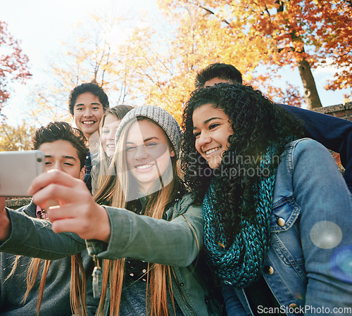 Image of Selfie, young or friends in park for social media, online post or profile picture in nature. Smile, teenage group of boys or happy gen z girls taking photograph on fun holiday vacation together