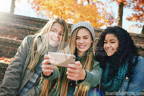 Image of Selfie, happy or girl friends in park for social media, online post or profile picture together in autumn. Relax, diversity or gen z girls with smile for photo on a fun holiday vacation in nature