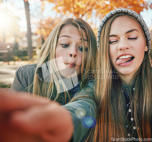 Image of Selfie, funny face or girl friends in park for social media, online post or profile picture in nature. Playful, freedom or happy gen z or teenage people photograph for memory on a holiday vacation