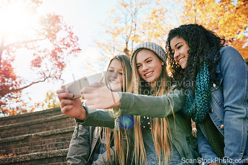 Image of Selfie, smile or girl friends in park for social media, online post or profile picture together in autumn. Relax, diversity or happy gen z girls taking photograph on a fun holiday vacation in nature