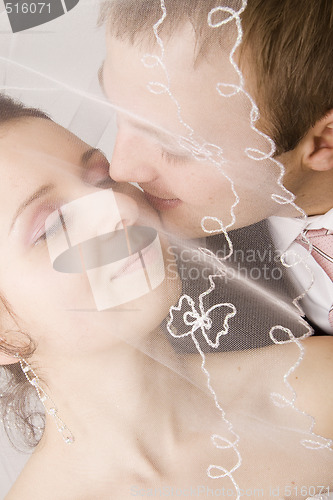 Image of Bride and groom kissing