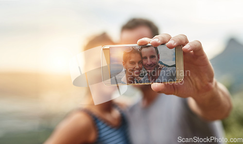 Image of Hands, phone or couple taking selfie in nature for social media or online post for outdoor vacation. Travel, freedom or happy woman taking photograph or pictures with love on a fun holiday adventure