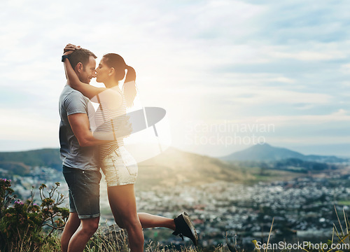 Image of Fitness, space and a couple hugging in the mountains while outdoor for a cardio workout together. Flare, love or exercise with a sports man and woman in nature to run while training for a marathon