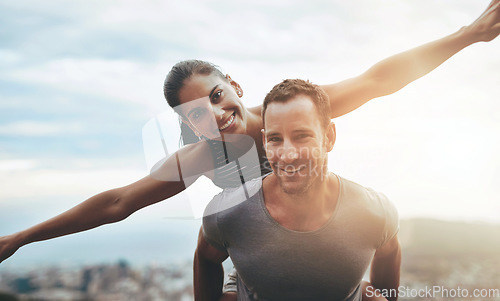 Image of Portrait, piggy back and couple with adventure, outdoor and lens flare with happiness, love and bonding. Face, man carrying woman or travel with health, fun and outside with journey, smile or freedom