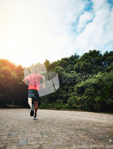 Image of Man in park, back and running for fitness in nature, exercise and training for marathon with athlete and sports. Runner, speed and challenge in workout, cardio outdoor for health with sky mockup