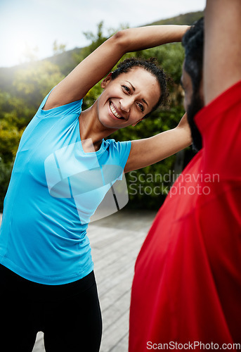 Image of People are stretching, fitness and start exercise with smile, personal trainer or couple ready for workout outdoor. Health, wellness and prepare for training, sports and flexibility with warm up