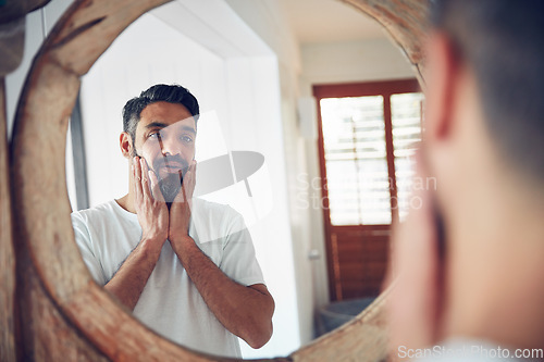 Image of Mature man, mirror and reflection in bathroom with thinking, wellness and beard for skincare, ideas and home. Person, morning and check face for beauty, health and facial hair with routine in house