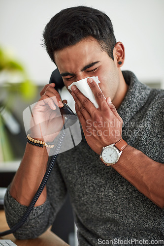 Image of Phone call, sneeze and blowing nose with a man using a tissue closeup in a home for relief from allergy symptoms. Sick, cold or influenza and a person talking with a virus due to pollen or hay fever