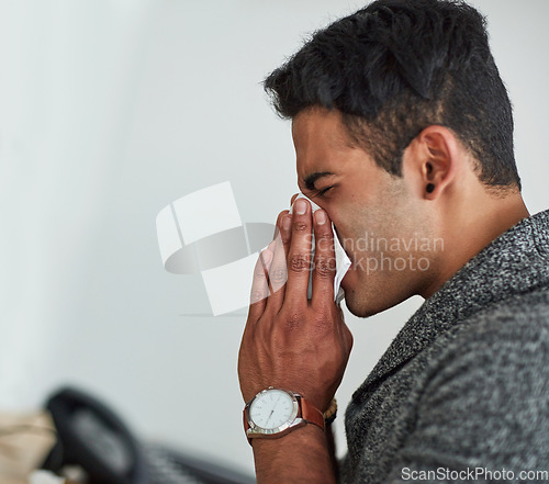 Image of Profile, sick and blowing nose with a man with a tissue closeup in his home for relief from allergy symptoms. Mockup, cold or flu virus and a young person ill due to infection, pollen or hay fever