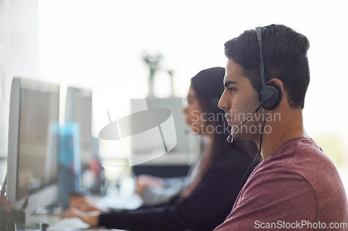 Image of Business man, call center and office for customer service, e commerce support and online chat or communication. Consultant, agent or employees on computer, workspace and virtual help or contact us