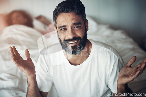 Image of Confused, portrait of a man with stress in the bedroom, home and marriage anxiety with wife. House, frustrated and face of a person with a gesture for mental health, fear or sad about a divorce