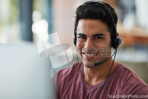 Image of Man, consultant portrait and call center for communication, business contact and e commerce or customer support. Happy, face and professional agent or advisor on computer for virtual advice and help