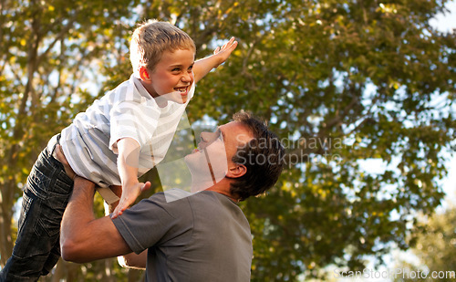 Image of Dad, child and garden with airplane game, happy bonding and fun morning playing for father and son. Outdoor fun, love and playful energy, man holding boy in air and laughing in backyard together.