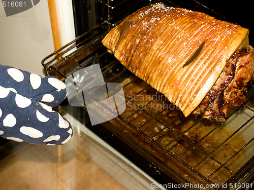 Image of Food - Persons hand taking roast out of oven