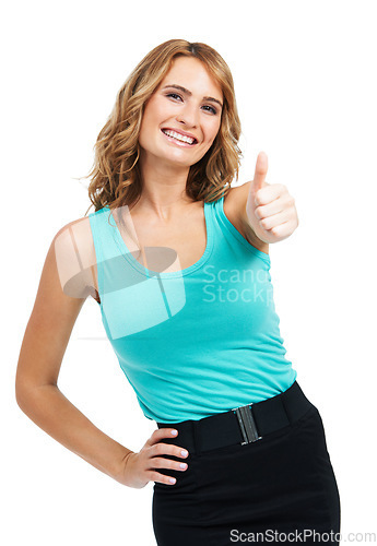 Image of Portrait, woman and thumbs up in studio for success of deal, winning bonus promotion or review on white background. Happy model show sign of emoji, feedback or vote in agreement to support excellence