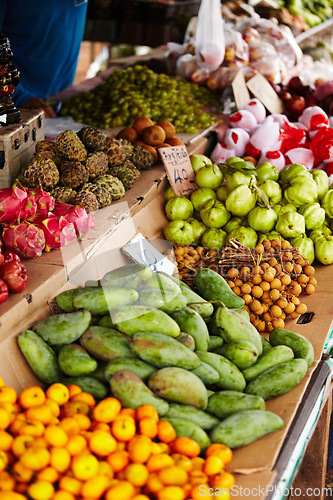 Image of Thailand, fruits and market for natural food, healthy groceries and local vendor with mango, guava and green stock. Seller, supplier or small business with product choice, tourism and sale at store