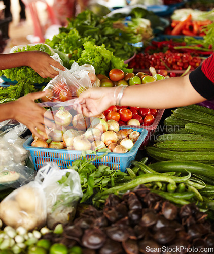 Image of Vegetables, market and hands for shopping, trading goods and customer at local food store or outdoor vendor. Seller, supplier or small business people with healthy product, stock and sale for grocery