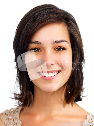 Image of Happy, woman and portrait with natural makeup, beauty or cosmetics on white background in studio. Face, smile and model with confidence, pride and dermatology mockup with college student or girl