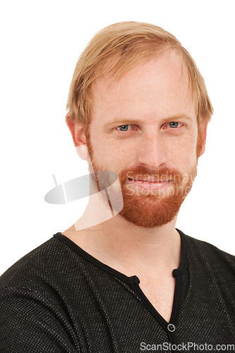 Image of Happy man, portrait and face of ginger standing or mockup isolated against a white studio background. Closeup of male person or model with smirk, blue eyes and beard in casual fashion or style