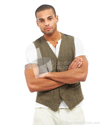 Image of Portrait, fashion and man with arms crossed for confident, proud model and white background in studio mockup. Mexican person, face and assertive with casual clothes, retro and contemporary style