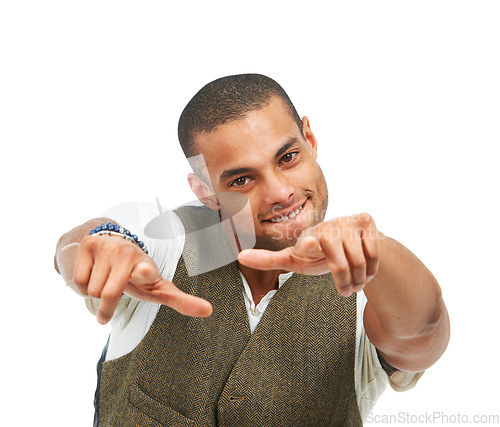 Image of Studio portrait, man and pointing emoji to win with yes, encouragement and feedback on white background. Happy person, mexican and face with hand gesture to show, silly and decision in mockup