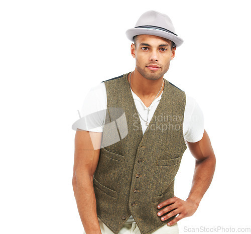 Image of Relax, man and fashion in studio portrait with trendy aesthetic, confident style and white background in mockup. Handsome model, mexican and assertive for serious in contemporary and gen z design