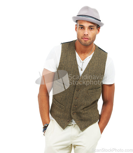 Image of Man, confident and fashion in studio portrait with trendy aesthetic, retro style and white background in mockup. Handsome model, mexican and assertive or serious in contemporary and gen z design