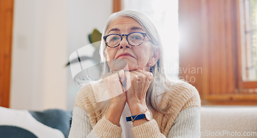 Image of Breathe, calm and senior woman on sofa in the living room for peaceful meditation exercise. Relax, health and portrait of elderly female person in retirement breathing in the lounge of modern home.