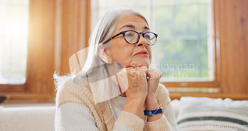 Image of Breathe, calm and senior woman on sofa in the living room for peaceful meditation exercise. Relax, health and portrait of elderly female person in retirement breathing in the lounge of modern home.