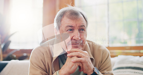 Image of Thinking, reflection and senior man on sofa in living room with memory or dreaming face on walking stick. Relax, idea and elderly male person in retirement with alzheimers disease in lounge at home.