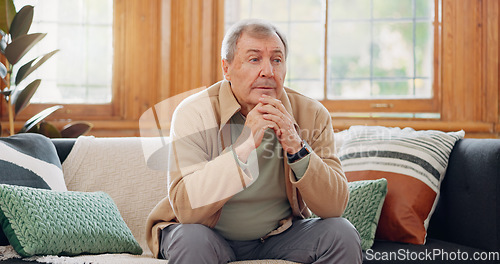 Image of Home, thinking and senior man with anxiety, sad or retirement with depression, mental health or dementia. Mature person, elderly guy or pensioner with walking stick, alzheimer or remember in a lounge