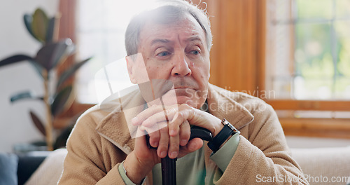 Image of Home, thinking and senior man with memory, sad and retirement with depression, mental health or anxiety. Mature person, elderly guy or pensioner with walking stick, alzheimer and dementia in a lounge