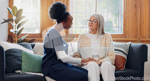 Image of Mature, sad woman or caregiver with empathy or results in consultation for bad news or cancer disease. Stress, depression or nurse with a crying senior patient for support, sympathy or help in home