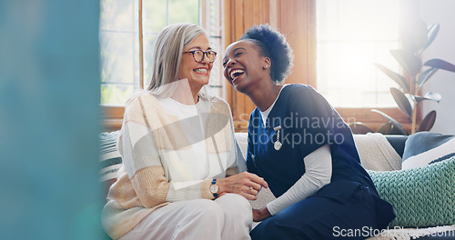 Image of Senior patient, funny or happy caregiver talking for healthcare support at nursing home clinic. Smile, women laughing or nurse speaking of joke to a mature person or woman in a friendly conversation