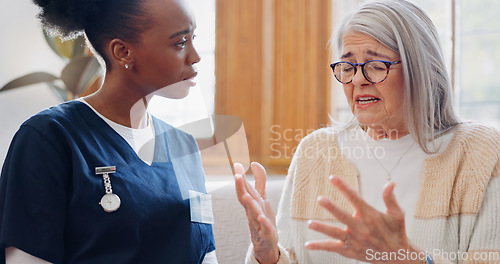 Image of Mature, sad woman or nurse with empathy or results in consultation for bad news or cancer disease. Stress, depression or caregiver with a crying senior patient for support, sympathy or help in home