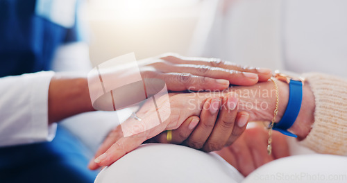 Image of Senior patient, holding hands or consulting a nurse for support or empathy for healthcare help. Closeup, psychology or elderly person in counselling with calm caregiver in nursing home for therapy