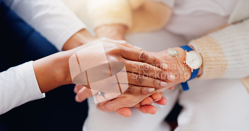 Image of Senior patient, holding hands or consulting a caregiver for support or empathy for healthcare help. Closeup, psychology or elderly person in counselling with calm nurse in nursing home for therapy