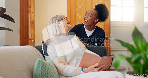 Image of Tablet, nurse and senior woman on sofa browsing on internet for medical consultation research. Bond, healthcare and African female caregiver talk to elderly patient networking on technology at home.