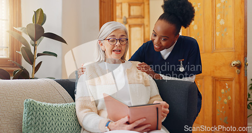 Image of Tablet, nurse and senior woman on sofa reading notebook for checklist consultation research. Bond, healthcare and African female caregiver talk to elderly patient grocery shopping list letters at hom