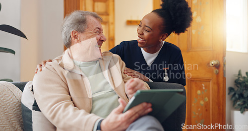 Image of Tablet, nurse and senior man on sofa browsing on internet for medical consultation research. Bonding, healthcare and black woman caregiver talking to elderly patient networking on technology at home.