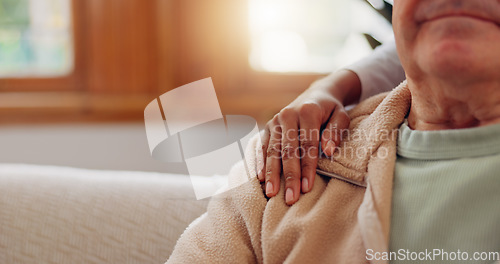 Image of Senior patient, hands on shoulder or consulting a caregiver for support or empathy for healthcare help. Closeup, cancer or elderly person in counselling with calm nurse in nursing home for therapy