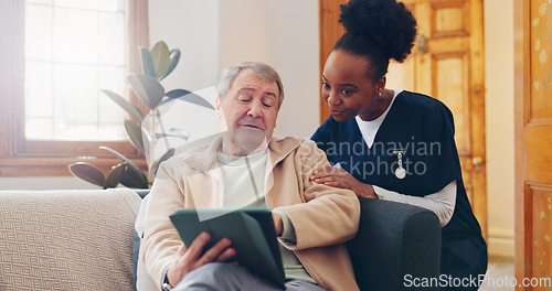 Image of Healthcare, tablet and an elderly man with a caregiver during a home visit for medical checkup in retirement. Technology, medicine and appointment with a nurse talking to a senior patient on the sofa