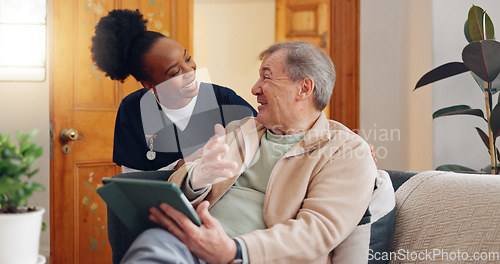 Image of Healthcare, tablet and an elderly man with a caregiver during a home visit for medical checkup in retirement. Technology, medicine and appointment with a nurse talking to a senior patient on the sofa