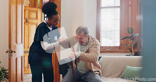 Image of Old man, walking stick or nurse in nursing home to help in retirement for wellness or medical support. Parkinson, black woman or caregiver with an elderly person in physical therapy or rehabilitation