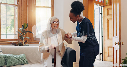 Image of Old woman, walking stick or caregiver in nursing home to help in retirement for medical support. Parkinson, disabled or nurse holding hands of an elderly person in physical therapy rehabilitation