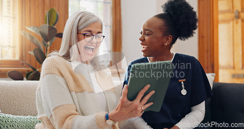 Image of Senior, woman and caregiver with tablet for consulting, medical information and health communication on sofa. Elderly, professional and nurse with touchscreen for online report, advisory and results