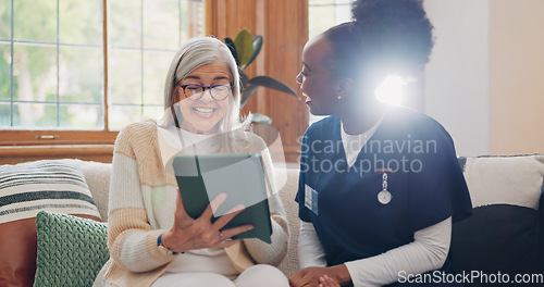 Image of Senior, woman and caregiver with tablet for consulting, medical information and health communication on sofa. Elderly, professional and nurse with touchscreen for online report, advisory and results