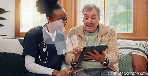 Image of Elderly, man and nurse with tablet for consulting, medical information and communication with lens flare. Senior, professional and caregiver with touchscreen for online report, advisory and results